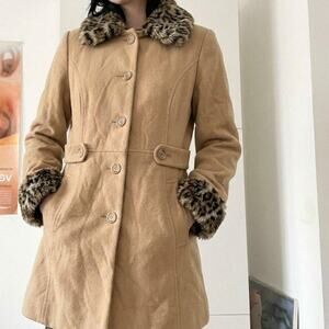 Leopard Faux Fur Pea Coat Old Money Preppy Grunge Vintage Button Up